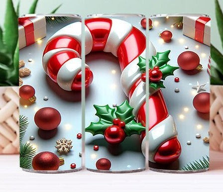 Candy Cane On White 20 oz Water Bottle Tumbler Stainless Steel Straw 3PC Set