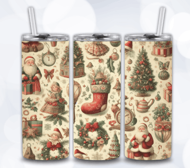 Old Fashion Christmas Stocking 20 oz Tumbler Stainless Steel Straw 3PC Set