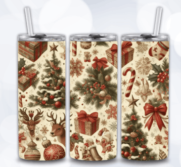Old Fashion Christmas Tree 20 oz Tumbler Stainless Steel Straw 3PC Set