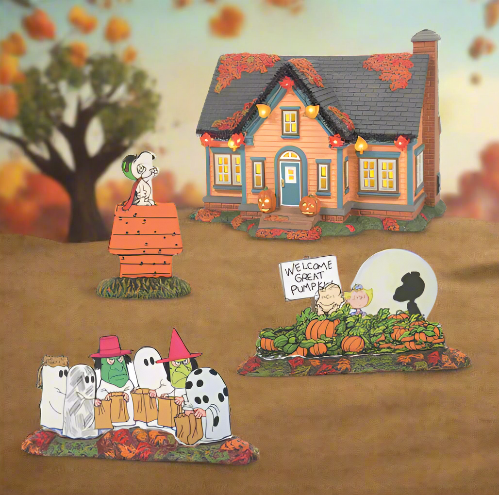 Department 56. TRICK OR TREAT LANE WITH PEANUTS Set of 4. Halloween Village Building and Accessories, 6007640
