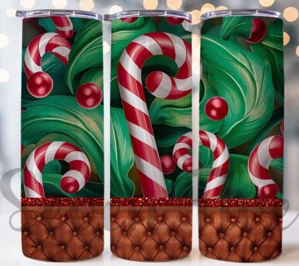 Candy Cane With green 20 oz Tumbler Stainless Steel Straw 3PC Set