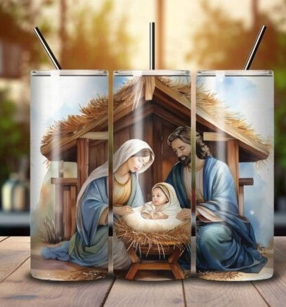 Christmas Nativity 20 oz Tumbler Stainless Steel Straw 3PC Set