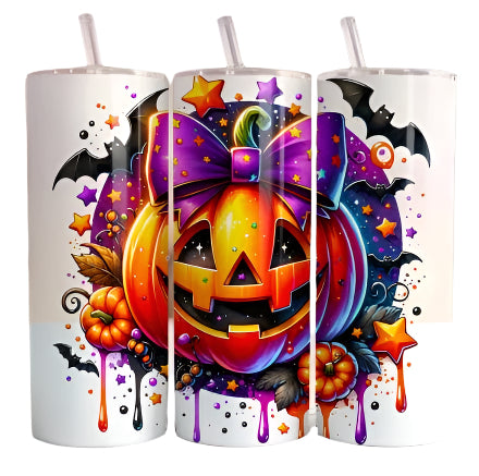 Pumpkin With Bats 20 oz Tumbler Stainless Steel Straw 3PC Set