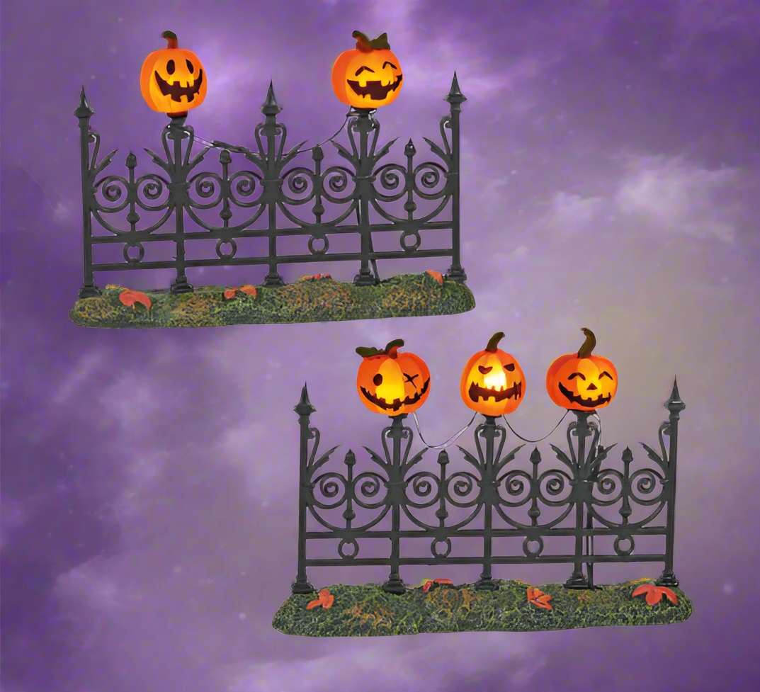Department 56. JACK-O-LANTERN LIT FENCE (Set of 2). Halloween Village Accessory. 6005557