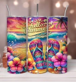 Hello Summer 20 oz Tumbler Stainless Steel Straw 3PC Set