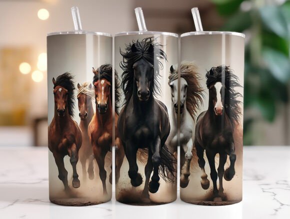 Running Horses On Beach 20 oz Tumbler Stainless Steel Straw 3PC Set