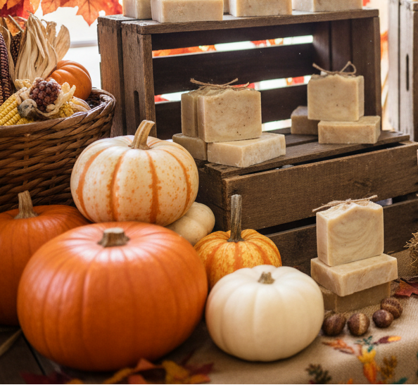 milk soap for sale with a small $7 sign in a country store that has fall and thanskgiving decorations