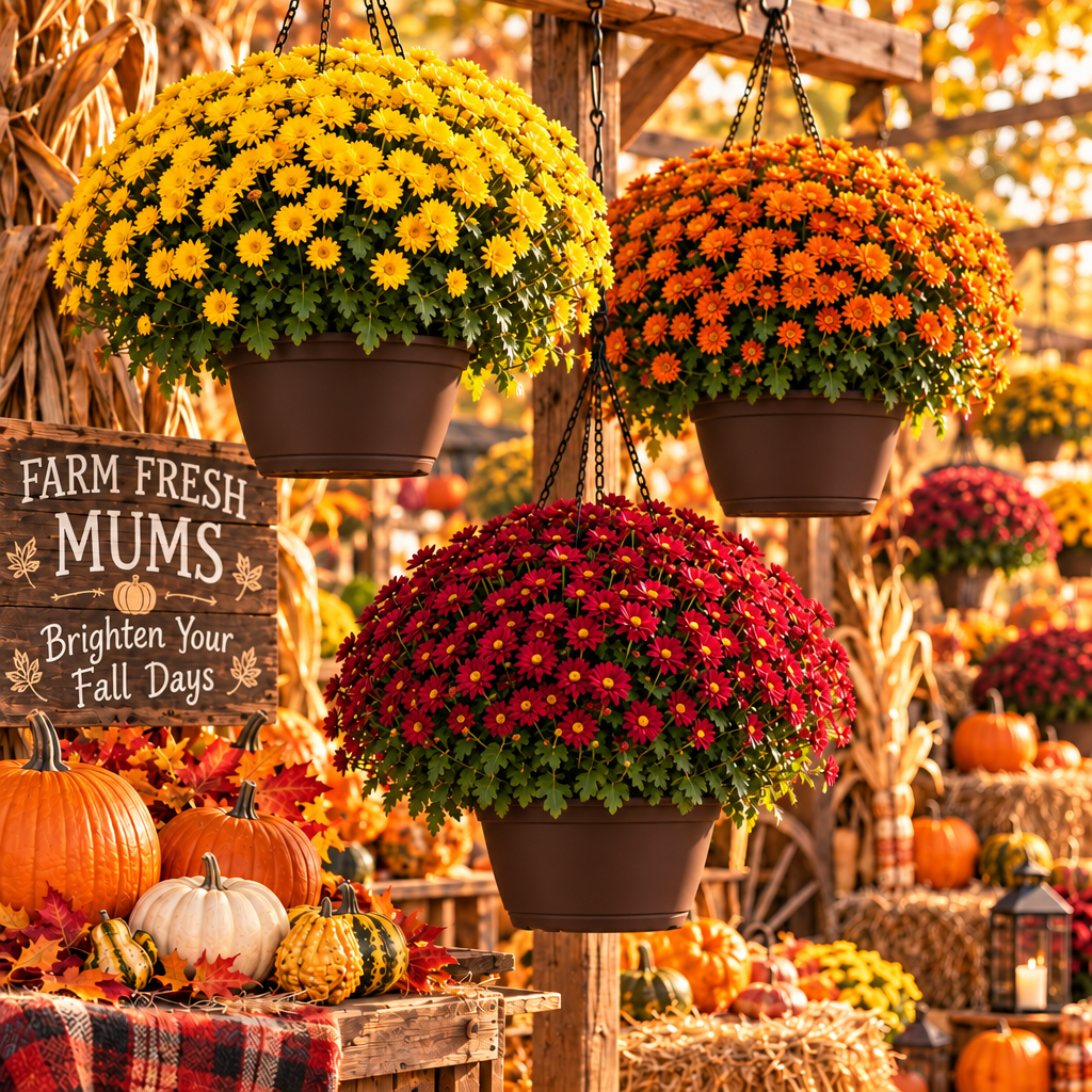 Large 12" Red Mum Hanging Basket